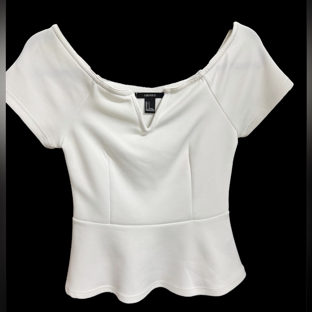 Forever 21 White Short Sleeve Peplum Blouse Sz S